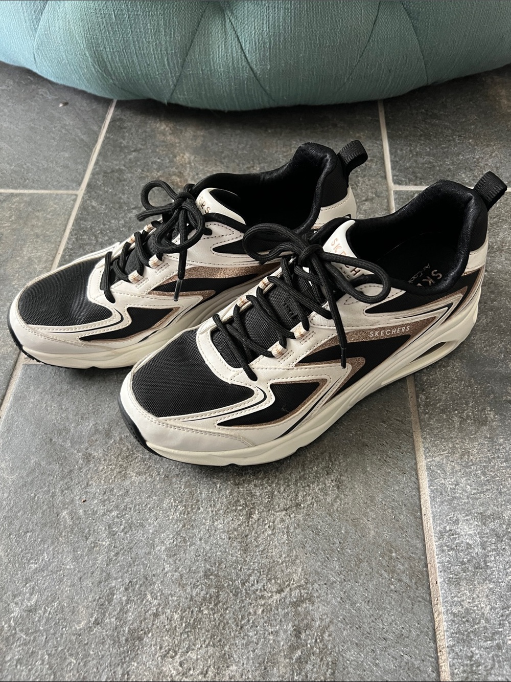 Skechers Women’s Black and Cream Casual Lace-Up Sneakers